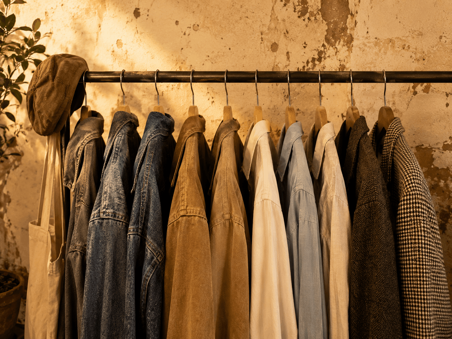 Detail vintage denimu a kabátů na ramínkách v béžovém obchodě